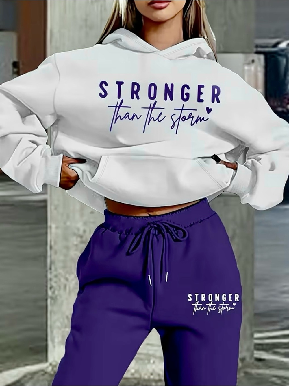 Stronger Than The Storm White Hoodie & Purple Joggers Set